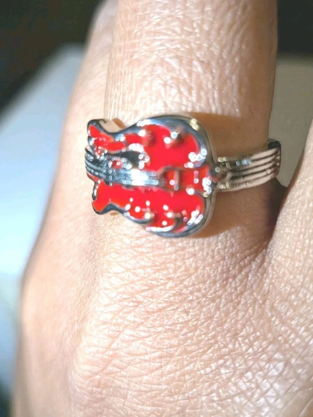 Elvis Inspired Silver Plated Guitar Red Enamel   Unisex Intricate Detailed Ring
